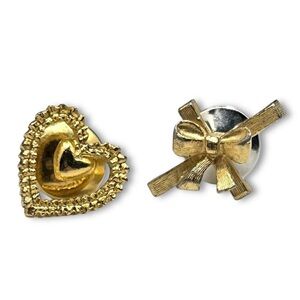 Vintage Avon Gold Tone Ribbon Bow & Heart Pins Set of 2